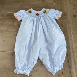 Southern Sunshine Girl Blue Gingham Gobble Gobble Smocked Long Bubble - 9M